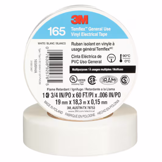 3M™ Temflex™ General Use Vinyl Electrical Tape 165, White, 3/4 in x 60 ft (19 mm x 18 m), 6 mil (0.15 mm), 100 Rolls/Case, 10 rolls per box, cost per roll